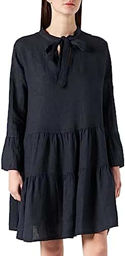 Bonateks, Krótka sukienka z wiązanym kołnierzem tunezyjskim i marszczonym tyłem, 100% len, rozmiar DE: 42 rozmiar US: XL, granatowa - wyprodukowano we Włoszech, niebieski, 42