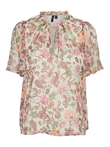 VERO MODA Women's VMSILO S/S WVN BTQ Top, Birch/AOP: SILO, XS, Brzoz/Aop: silo, XS