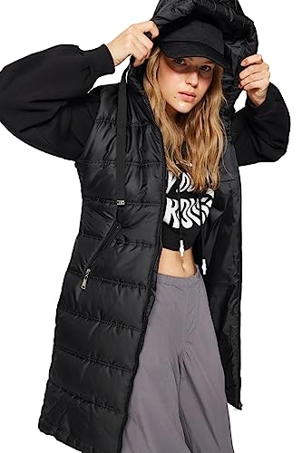 Trendyol Damska kamizelka oversize z okrągłym dekoltem i pufferem, tkana kamizelka, Czarny, M