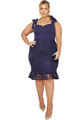 Chi Chi London Damska sukienka plus size, wiązana, haftowana, bodycon, w kolorze granatowym, koktajlowa, granatowy, 48-Plus