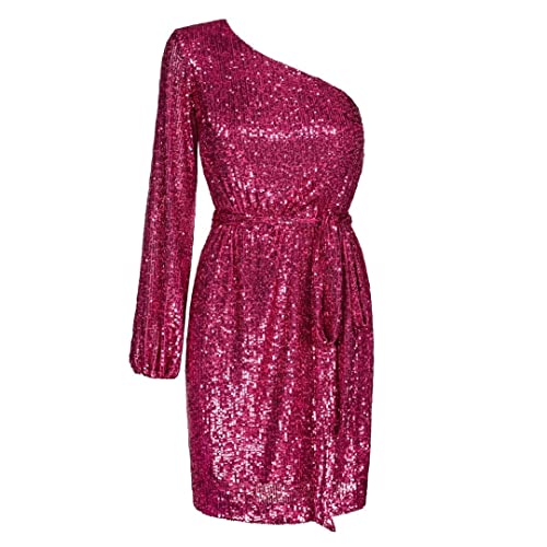 Swing Fashion Marley minisukienka damska, elegancka sukienka, odświętna, sukienka na imprezę, sukienka wieczorowa, sukienka ślubna, krótka sukienka, brokatowa, seksowna, na jedno ramię, malinowy, L