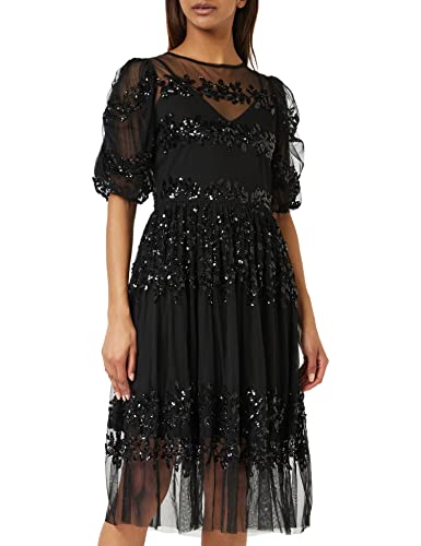 Maya Deluxe Damska sukienka Midi Ladies Sequin Embellished Short Sleeve Dress for Wedding Guest Bridesmaid Balowa Evening Occasion sukienka, czarny, 44