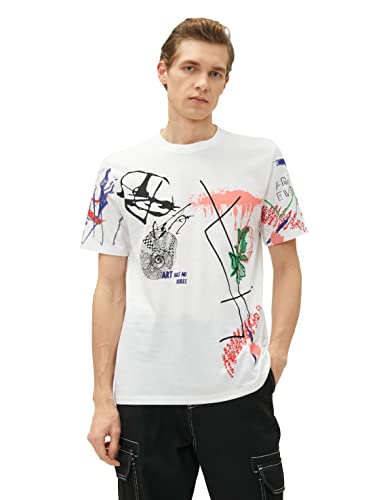 Koton Męski t-shirt z nadrukiem z nadrukiem Psyhedelic Detailed Crew Neck Cotton, Biały wzór (0d0), L