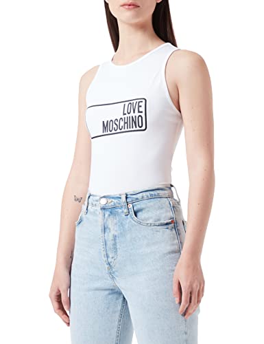 Love Moschino Damska koszulka ze streczu bawełnianego z nadrukiem Instytucyjnym, optical white, 42 PL