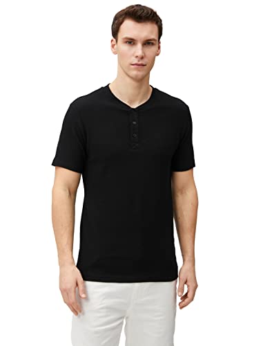 Koton Męski T-shirt basic Mandarin Collar Buttoned Slim Fit Short Sleeve, czarny (999), XXL