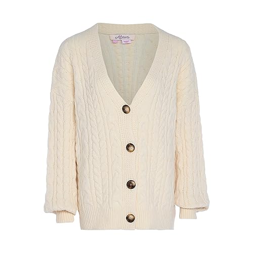 Aleva Damski luźny dzianinowy kardigan z długimi rękawami i dekoltem w kształcie litery V, akryl Wełna biała, rozmiar M/L, biały (wollweiss), M