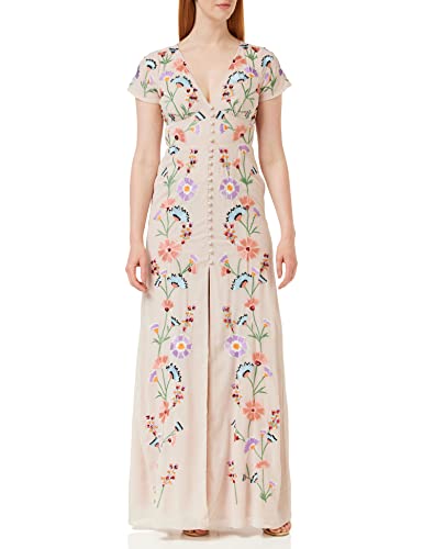 Maya Deluxe Damska sukienka maxi z haftowanymi guzikami z przodu dzielona na herbatę na wesele dla gości druhny na wieczór studniówkę, multi, 38