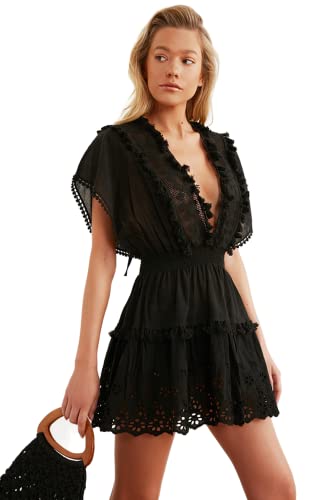 Trendyol Damska sukienka plażowa Mini Smock Regular Fit Tkana Sukienka, Czarna, 34, Czarny, 60