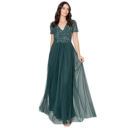 Maya Deluxe Women's V Neckline Embellished V Neck Maxi Dress Short Sleeve Empire Waist Prom Graduation Bridesmaid Wedding Guest Sukienka dla druhny Kobieta, Emerald Green, 14