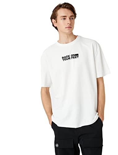 Koton Męski t-shirt oversized z nadrukiem z okrągłym dekoltem i krótkim rękawem, Off White (001), XL