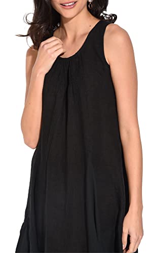 Bonateks damska sukienka 100% lniana Made in Italy, falbanka z okrągłym dekoltem, składana z przodu, satyna, rozmiar: XL, Satyna, XL