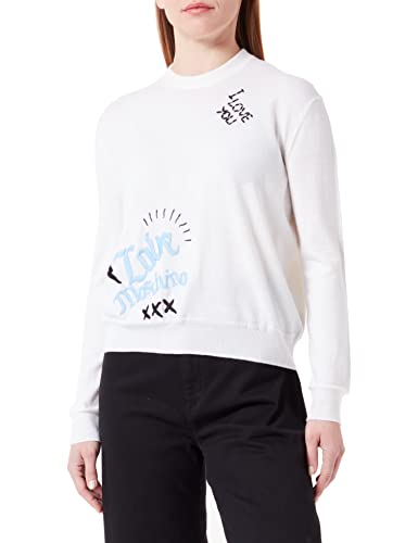 Love Moschino Damski sweter o regularnym kroju z długim rękawem z okrągłym dekoltem z emblematami, miks, optical white, 46