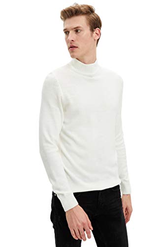 DeFacto Męski sweter z dzianiny z długim rękawem, okrągły dekolt, slim fit dla mężczyzn, topy (ecru, 3XL), écru, 3XL