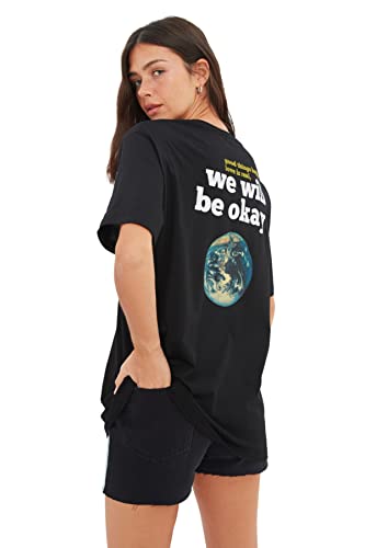 Trendyol Damska koszulka oversize z okrągłym dekoltem, Czarny, M