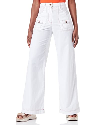 Moschino Damskie spodnie z szerokimi nogawkami ze streczu, Fancy Cotton-Line, optical white, 40 PL