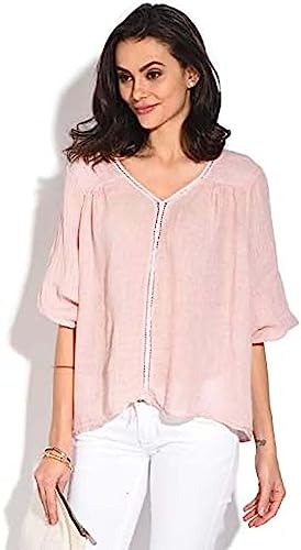 Bonateks, Długa sukienka z okrągłym kołnierzem, przednimi fałdami i krótkimi rękawami, 100% len, rozmiar DE: 40 rozmiar US: L, satyna - wyprodukowano we Włoszech, Rosa, 40