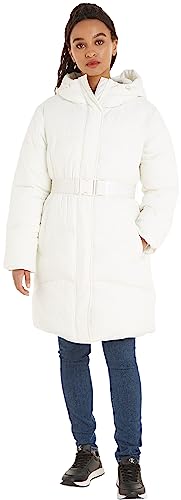Calvin Klein Jeans Damskie płaszcze z logo z długim puchowym wyściełanym paskiem, biały, S