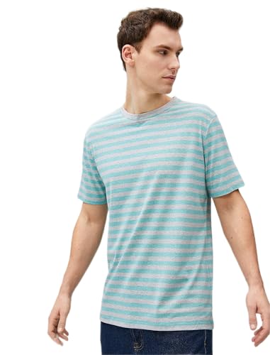 Koton Męski T-shirt Basic z okrągłym dekoltem i krótkim rękawem, Green Stripe (9s7), M