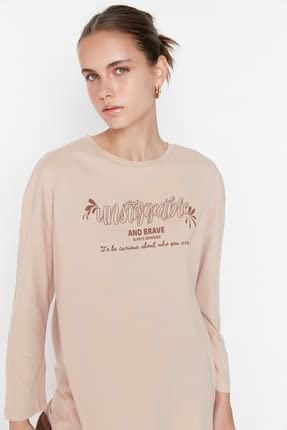 Trendyol Damska koszulka oversize z okrągłym dekoltem, KAMIEŃ, XS