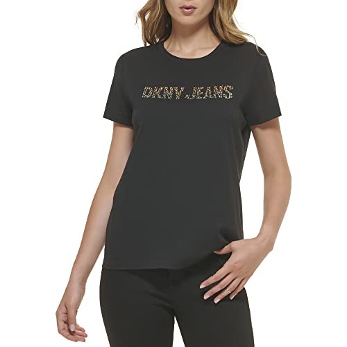 DKNY Damska koszulka z logo Rhinestone, czarny/złoty brąz, XS, czarny/złoty brąz, XS