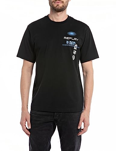 Replay Męski T-shirt z krótkim rękawem, okrągły dekolt, z nadrukiem z tyłu, Black 098, L