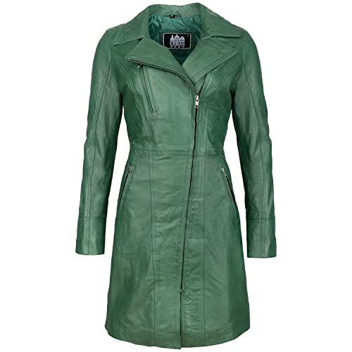 URBAN 5884 Damska kurtka skórzana Janice | elegancka kurtka z miękkiej skóry jagnięcej, długi model, zielony, M