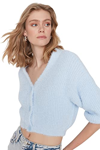 Trendyol Damski standardowy standardowy kardigan z dzianiny z dekoltem w serek, Jasnoniebieski, M