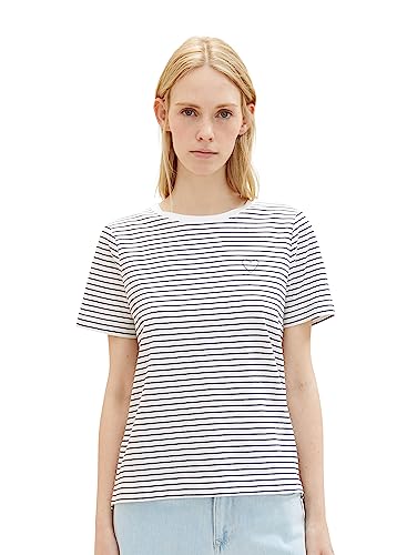 T-shirt damski TOM TAILOR z nadrukiem serca, 31539-złamanej bieli granatowy cienki pasek, L
