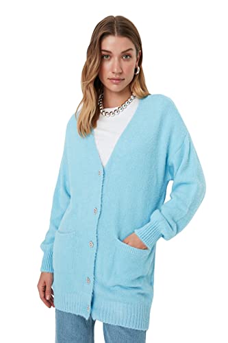 Trendyol Damska skromna regularna tunika dekolt w serek dzianina skromne kardigany, NIEBIESKI, Rozmiar uniwersalny