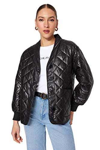 TRENDYOL Women's damska kurtka zimowa oversize, puffer plain tkanina tkana, czarna, S, Schwarz, S