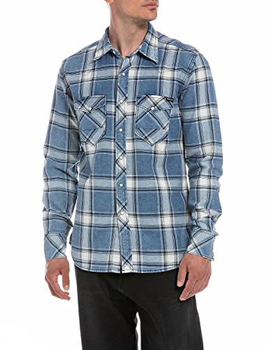 Replay Męska koszula z długim rękawem z bawełny, 010 Medium Blue/Natural White, S