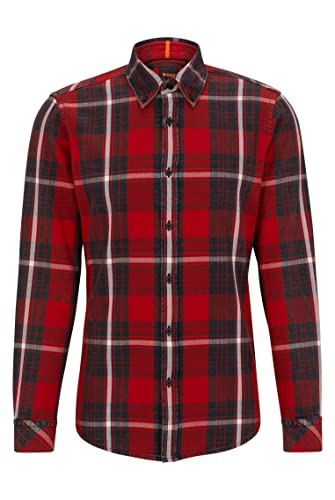 BOSS Rickert męska koszula w kratkę Regular -Fit z bawełny z kołnierzem na guziki, ciemnoszary, S