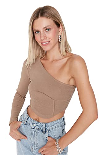 Trendyol Damska wąska standardowa dzianinowa bluzka z dekoltem w łódkę, Wielbłądzi, M