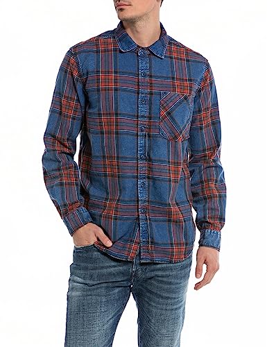 Replay Koszula męska regular fit, 010 Blue/Red/Lt Brown, XXL