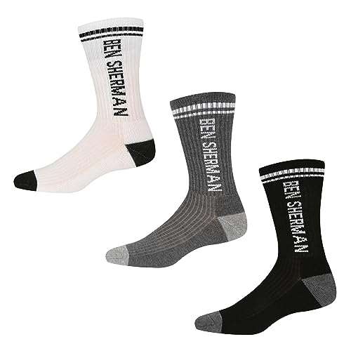 Ben Sherman Męskie skarpety sportowe w kolorze czarnym/białym/szarym Marl | do połowy łydki z logo i detalami w paski z grubego wygodnego materiału - opakowanie zbiorcze 3 szt, Czarny/biały/szary,