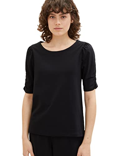 TOM TAILOR Damska koszulka z marszczeniem na rękawach, 14482 – Deep Black, 3XL