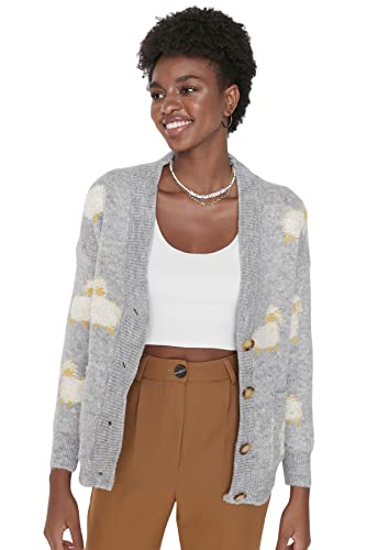 Trendyol Damski standardowy standardowy kardigan z dzianiny z dekoltem w serek, Szary, S