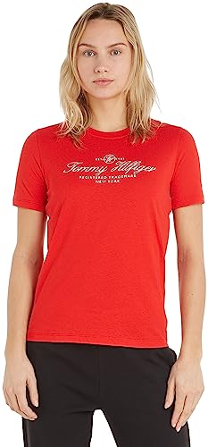 Tommy Hilfiger Damskie topy z dzianiny Reg Hilfiger Script C-nk Ss S/S, Fajerwerki, XXS