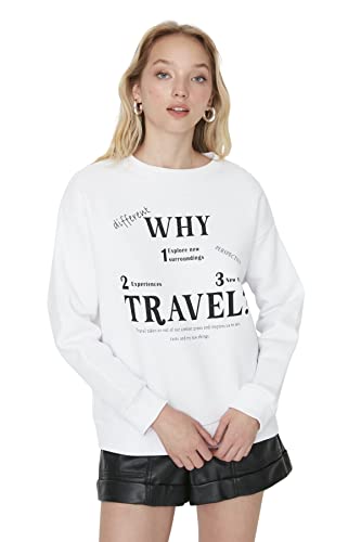 Trendyol Damska bluza z okrągłym dekoltem i napisem, biały, L