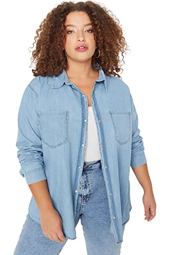 Trendyol Damska koszula plus size dopasowana podstawowa koszulka polo dekolt denim plus size, niebieska, 44, NIEBIESKI, 70