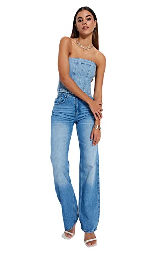 Trendyol Damskie spodnie jeansowe z wysokim stanem i szeroką nogawką, NIEBIESKI, 34