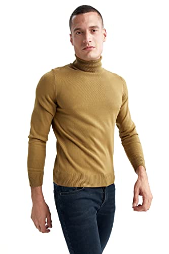 DeFacto Męski sweter z dzianiny z długim rękawem, okrągły dekolt, slim fit dla mężczyzn, topy (khaki, XL), khaki, XL