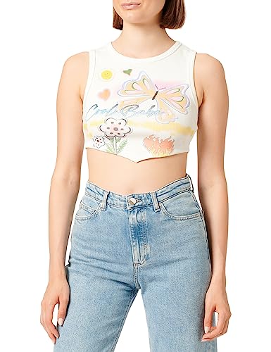 Koton Damski prążkowany nadruk Crew Neck Crop Tank Top, Ecru (010), L