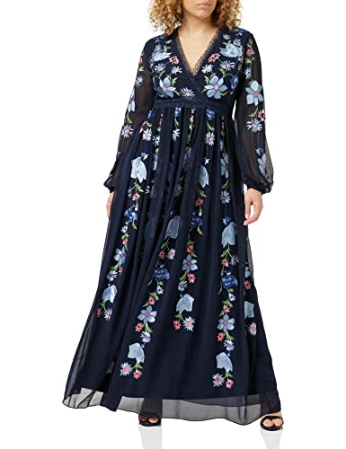 Frock and Frill Damska kwiecista haftowana sukienka na specjalne okazje, granatowa, 10, granatowy, 36