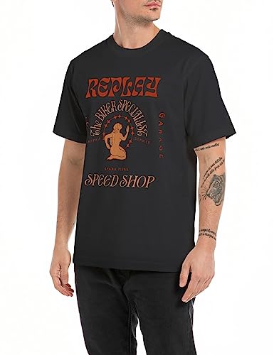 Replay Męski T-shirt z krótkim rękawem, okrągły dekolt, Speedshop, Black 098, L
