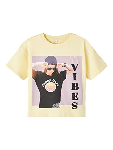 Bestseller A/S Dziewczęca koszulka NKFASSA Happy SS Boxy TOP SMI T-Shirt, Double Cream, 122/128, Podwójny krem, 122/128 cm