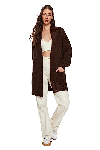 Trendyol FeMan Oversize Basic kardigan z dzianiny z dekoltem w serek, brązowy, S, Brązowy, S