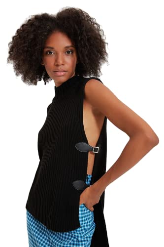 Trendyol Damski sweter z dzianiny slim basic stojący kołnierz, Czarny, L