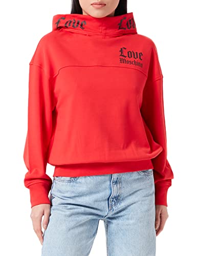 Love Moschino Bluza z długim rękawem z kapturem i gotyckim nadrukiem Love Print na gotyckich bluzach i logo Damska koszulka dresowa, Czerwony, 50
