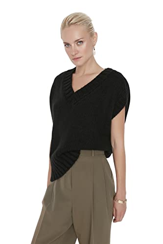 TRENDYOL Damska kamizelka z dekoltem w serek, jednokolorowa, regularna, dziergana bluza, czarna, L, czarny, L